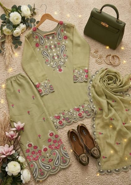 Timeless Olive Green Roman Silk Suits With Plazzo And Dupatta Using Sequence Work  Ready To Wear Collection
