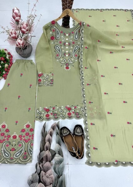 Timeless Olive Green Roman Silk Suits With Plazzo And Dupatta Using Sequence Work  Ready To Wear Collection