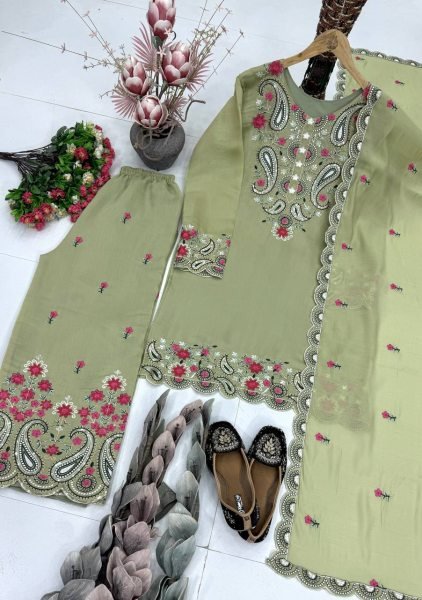 Timeless Olive Green Roman Silk Suits With Plazzo And Dupatta Using Sequence Work  Ready To Wear Collection