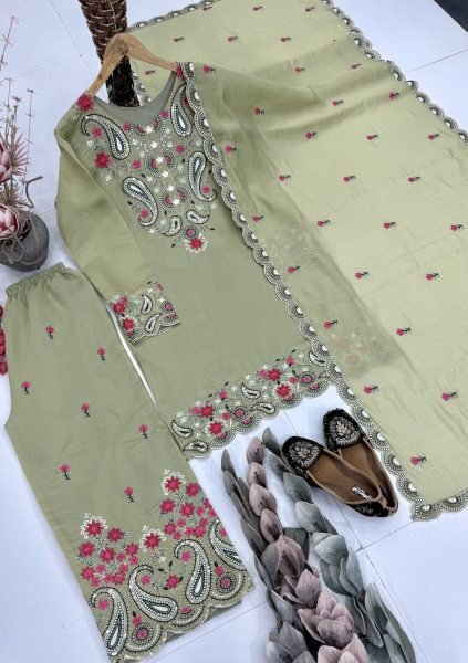 Timeless Olive Green Roman Silk Suits With Plazzo And Dupatta Using Sequence Work  Ready To Wear Collection