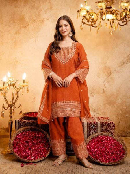 Timeless Orange Fully Stitched Crunchy Kurti with Embroidered Salwar Dupatta at Wholesale Kurtis