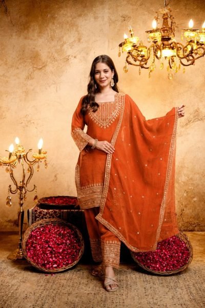Timeless Orange Fully Stitched Crunchy Kurti with Embroidered Salwar Dupatta at Wholesale 3 Piece Kurti Set