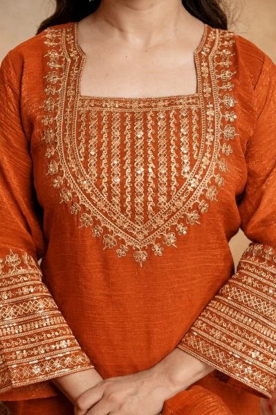 Timeless Orange Fully Stitched Crunchy Kurti with Embroidered Salwar Dupatta at Wholesale 3 Piece Kurti Set