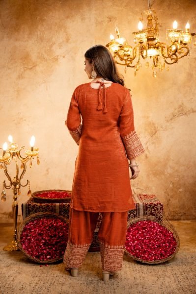 Timeless Orange Fully Stitched Crunchy Kurti with Embroidered Salwar Dupatta at Wholesale 3 Piece Kurti Set
