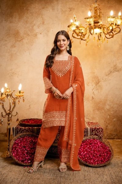Timeless Orange Fully Stitched Crunchy Kurti with Embroidered Salwar Dupatta at Wholesale 3 Piece Kurti Set