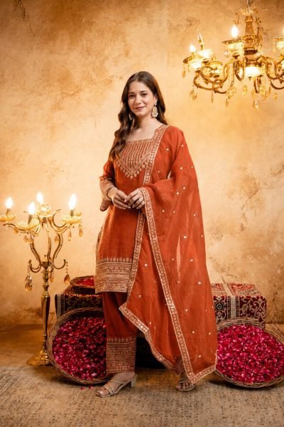 Timeless Orange Fully Stitched Crunchy Kurti with Embroidered Salwar Dupatta at Wholesale 3 Piece Kurti Set