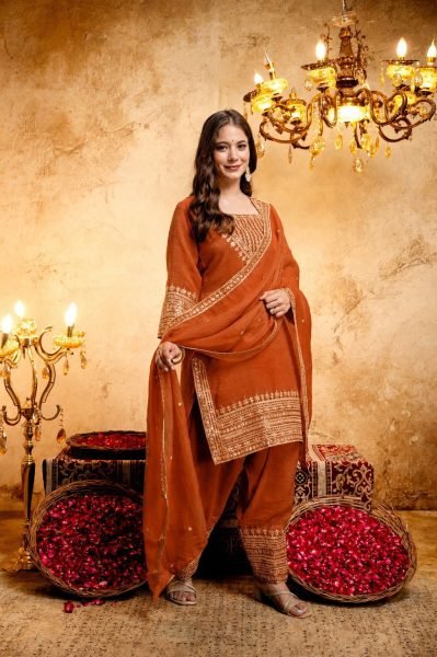 Timeless Orange Fully Stitched Crunchy Kurti with Embroidered Salwar Dupatta at Wholesale 3 Piece Kurti Set