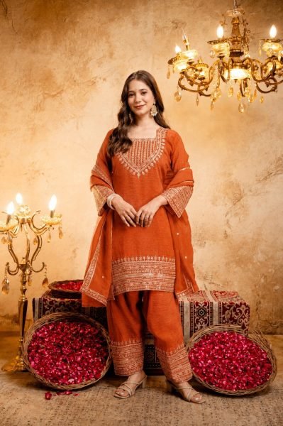 Timeless Orange Fully Stitched Crunchy Kurti with Embroidered Salwar Dupatta at Wholesale 3 Piece Kurti Set