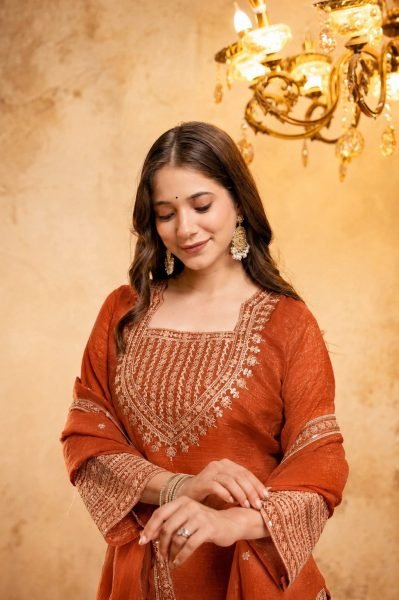 Timeless Orange Fully Stitched Crunchy Kurti with Embroidered Salwar Dupatta at Wholesale 3 Piece Kurti Set