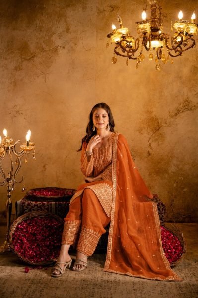 Timeless Orange Fully Stitched Crunchy Kurti with Embroidered Salwar Dupatta at Wholesale 3 Piece Kurti Set