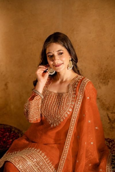 Timeless Orange Fully Stitched Crunchy Kurti with Embroidered Salwar Dupatta at Wholesale 3 Piece Kurti Set