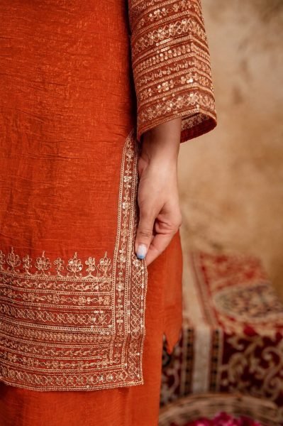 Timeless Orange Fully Stitched Crunchy Kurti with Embroidered Salwar Dupatta at Wholesale 3 Piece Kurti Set