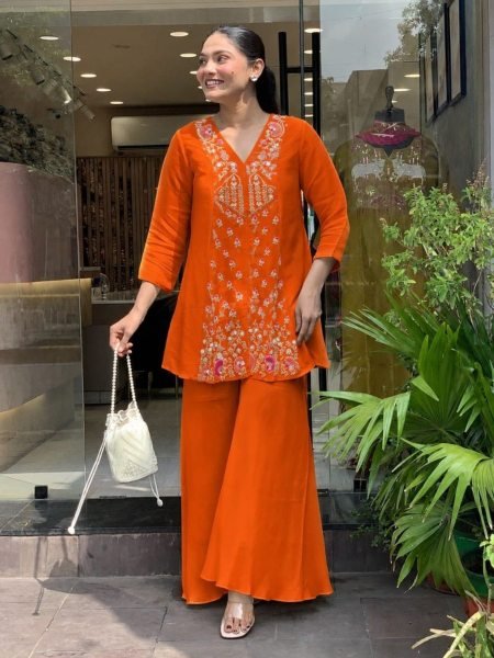 Timeless Orange Roman Silk Kurti Sharara Set with Beautiful Embroidery Work CO ORD Sets