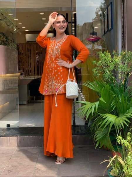 Timeless Orange Roman Silk Kurti Sharara Set with Beautiful Embroidery Work CO ORD Sets