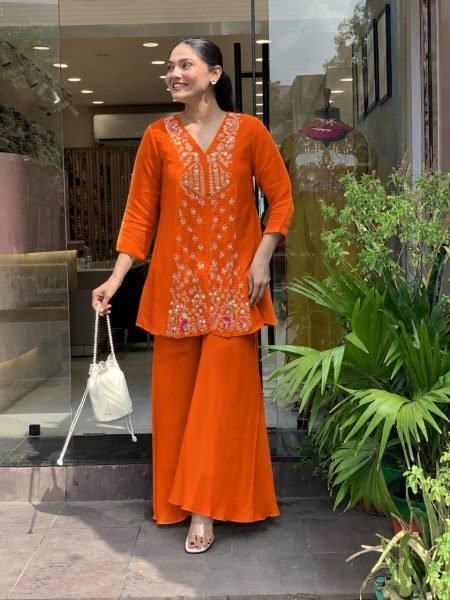 Timeless Orange Roman Silk Kurti Sharara Set with Beautiful Embroidery Work CO ORD Sets