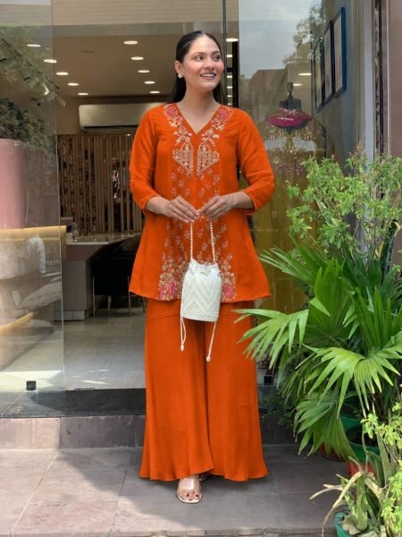 Timeless Orange Roman Silk Kurti Sharara Set with Beautiful Embroidery Work CO ORD Sets