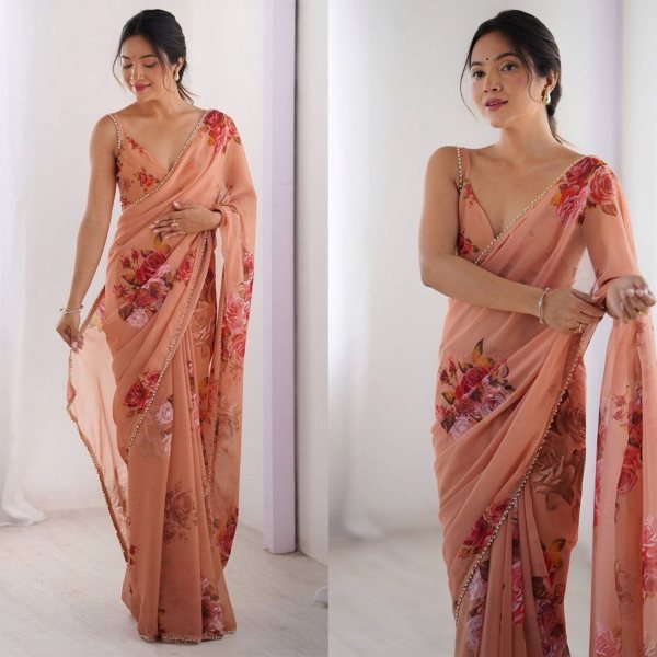 Timeless Peach Premium Soft Silk Saree with Elegant Pearl Lace Detailing for Women Printed Cotton Sarees Wholesale