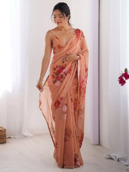 Timeless Peach Premium Soft Silk Saree with Elegant Pearl Lace Detailing for Women Printed Cotton Sarees Wholesale
