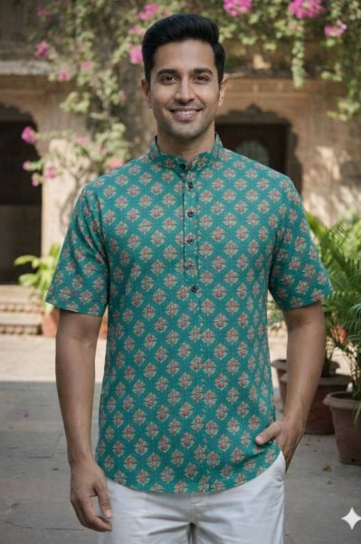 Timeless Peacock Green Comfortable Cotton Shirt Kurta for Summer Wear Mens Short Kurta