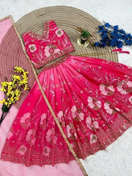 Timeless Pink Chinon Silk Lehenga Choli with Sequins Embroidery Work For Wedding Kurtis