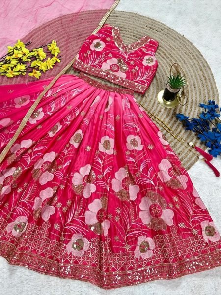 Timeless Pink Chinon Silk Lehenga Choli with Sequins Embroidery Work For Wedding Girls Wear