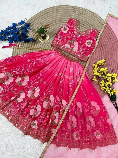 Timeless Pink Chinon Silk Lehenga Choli with Sequins Embroidery Work For Wedding Girls Wear