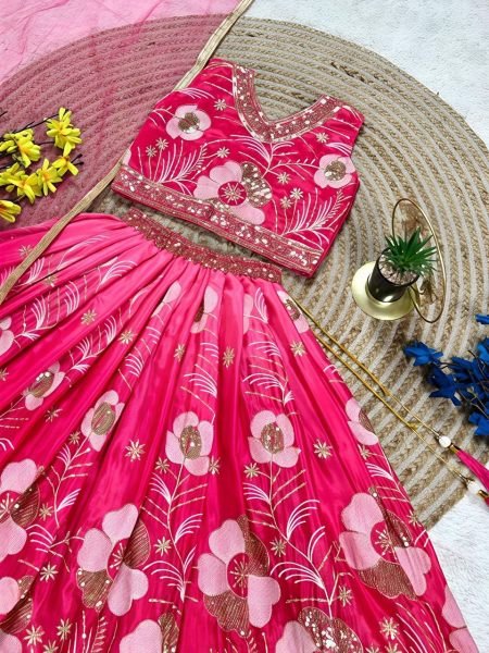 Timeless Pink Chinon Silk Lehenga Choli with Sequins Embroidery Work For Wedding Girls Wear