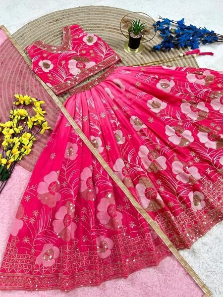 Timeless Pink Chinon Silk Lehenga Choli with Sequins Embroidery Work For Wedding Girls Wear