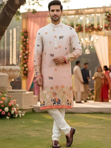 Timeless Pink Cotton Digital Print Kurta Pajama Set with Designer Crochet Work For Wedding Mens Wear