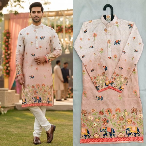 Timeless Pink Cotton Digital Print Kurta Pajama Set with Designer Crochet Work For Wedding Kurta Pajama Wholesale