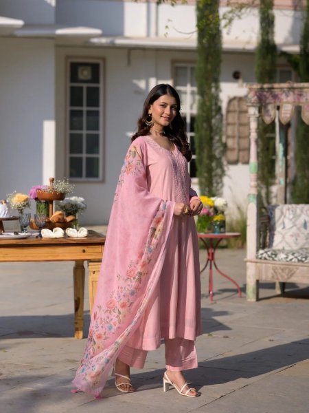 Timeless Pink Festive Special Chanderi Kurti Pant Dupatta Set at Wholesale Rate Kurtis