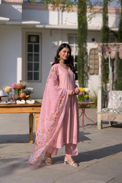 Timeless Pink Festive Special Chanderi Kurti Pant Dupatta Set at Wholesale Rate Embroidery Kurtis 