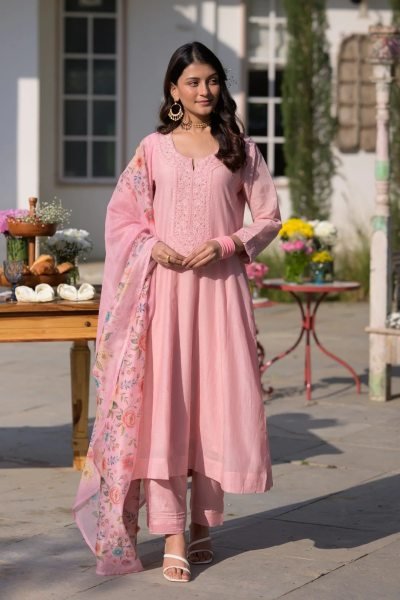 Timeless Pink Festive Special Chanderi Kurti Pant Dupatta Set at Wholesale Rate Embroidery Kurtis 