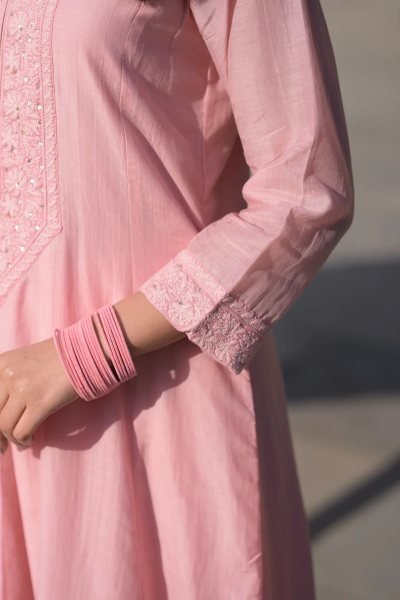 Timeless Pink Festive Special Chanderi Kurti Pant Dupatta Set at Wholesale Rate Embroidery Kurtis 