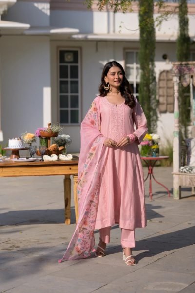 Timeless Pink Festive Special Chanderi Kurti Pant Dupatta Set at Wholesale Rate Embroidery Kurtis 