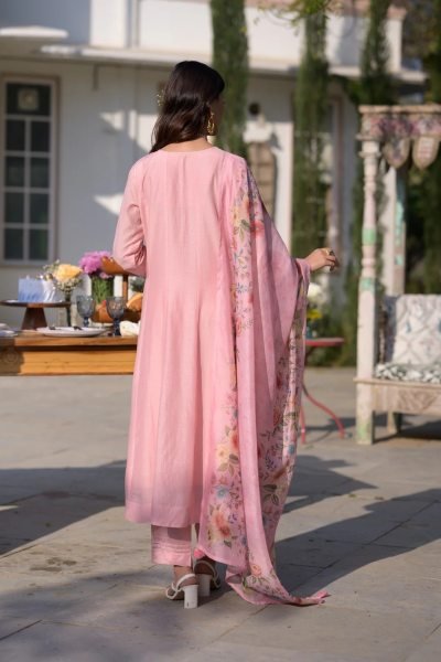 Timeless Pink Festive Special Chanderi Kurti Pant Dupatta Set at Wholesale Rate Embroidery Kurtis 