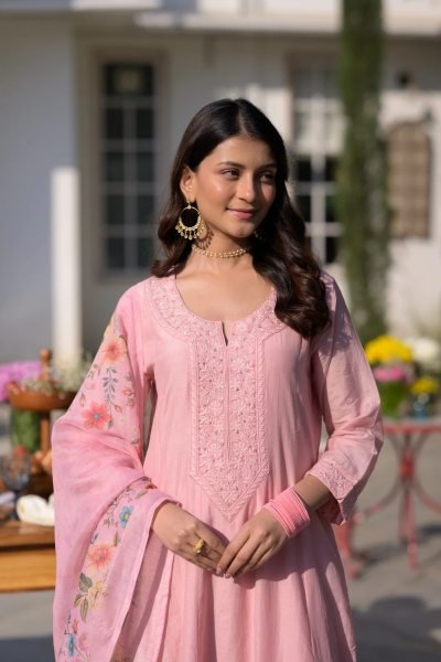 Timeless Pink Festive Special Chanderi Kurti Pant Dupatta Set at Wholesale Rate Embroidery Kurtis 