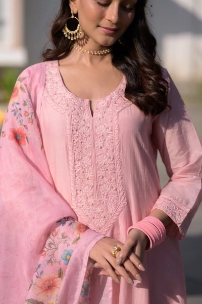 Timeless Pink Festive Special Chanderi Kurti Pant Dupatta Set at Wholesale Rate Embroidery Kurtis 