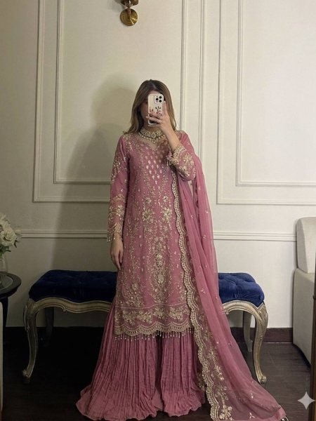 Timeless Pink Heavy Faux Georgette Designer Suit using Georgette Embroidered Work with Latkan Ready To Wear Suit