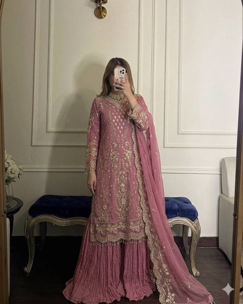 Timeless Pink Heavy Faux Georgette Designer Suit using Georgette Embroidered Work with Latkan Ready To Wear Collection