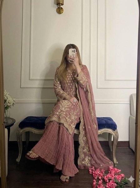 Timeless Pink Heavy Faux Georgette Designer Suit using Georgette Embroidered Work with Latkan Ready To Wear Collection
