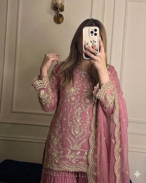 Timeless Pink Heavy Faux Georgette Designer Suit using Georgette Embroidered Work with Latkan Ready To Wear Collection