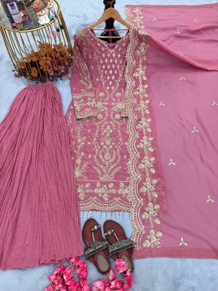 Timeless Pink Heavy Faux Georgette Designer Suit using Georgette Embroidered Work with Latkan Ready To Wear Collection