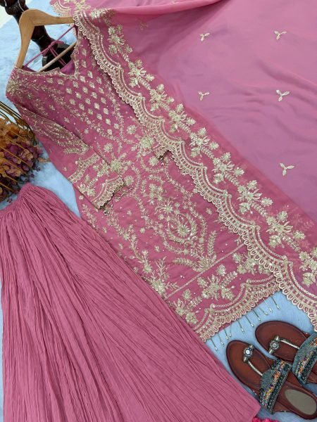 Timeless Pink Heavy Faux Georgette Designer Suit using Georgette Embroidered Work with Latkan Ready To Wear Collection