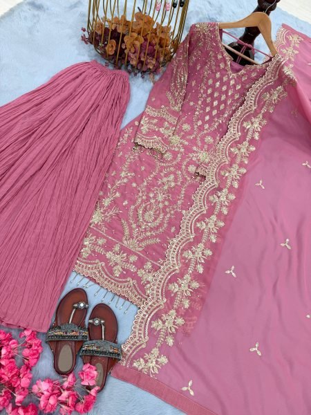Timeless Pink Heavy Faux Georgette Designer Suit using Georgette Embroidered Work with Latkan Ready To Wear Collection