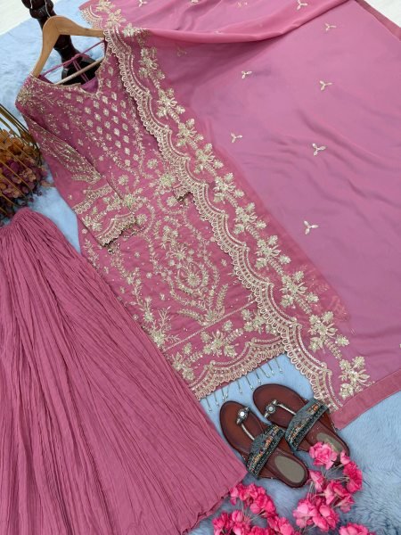 Timeless Pink Heavy Faux Georgette Designer Suit using Georgette Embroidered Work with Latkan Ready To Wear Collection