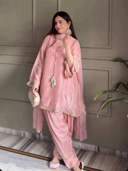 Timeless Pink Jimmy Silk Farshi Salwar Suit with Fancy Lace Work for Wedding Wear Ready To Wear Suit
