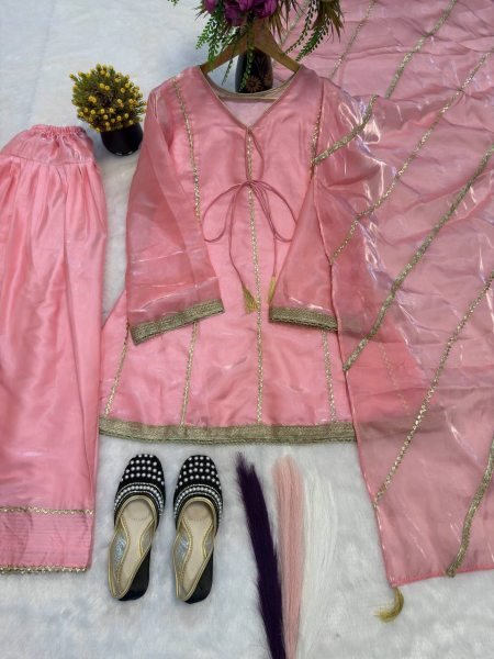Timeless Pink Jimmy Silk Farshi Salwar Suit with Fancy Lace Work for Wedding Wear Ready To Wear Collection