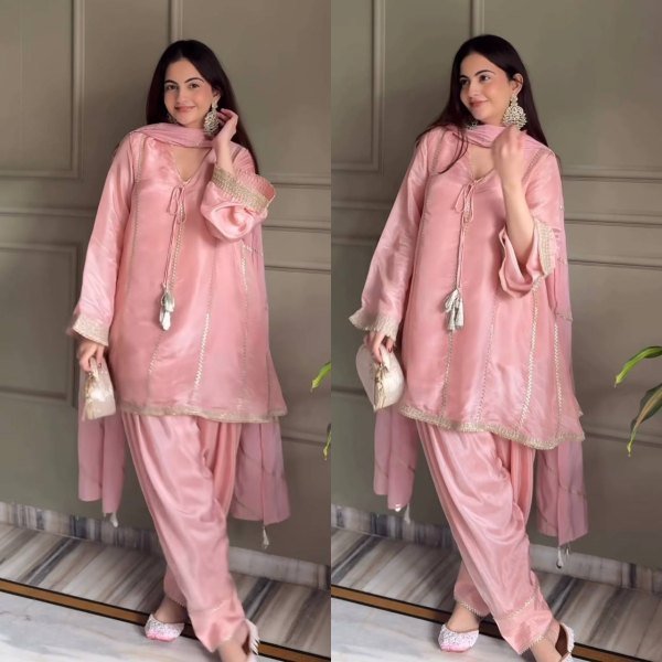 Timeless Pink Jimmy Silk Farshi Salwar Suit with Fancy Lace Work for Wedding Wear Ready To Wear Collection