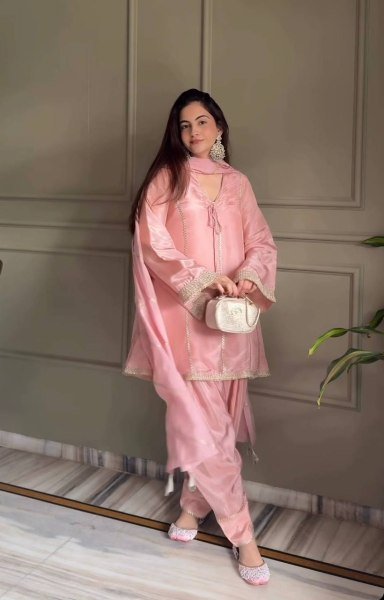 Timeless Pink Jimmy Silk Farshi Salwar Suit with Fancy Lace Work for Wedding Wear Ready To Wear Collection